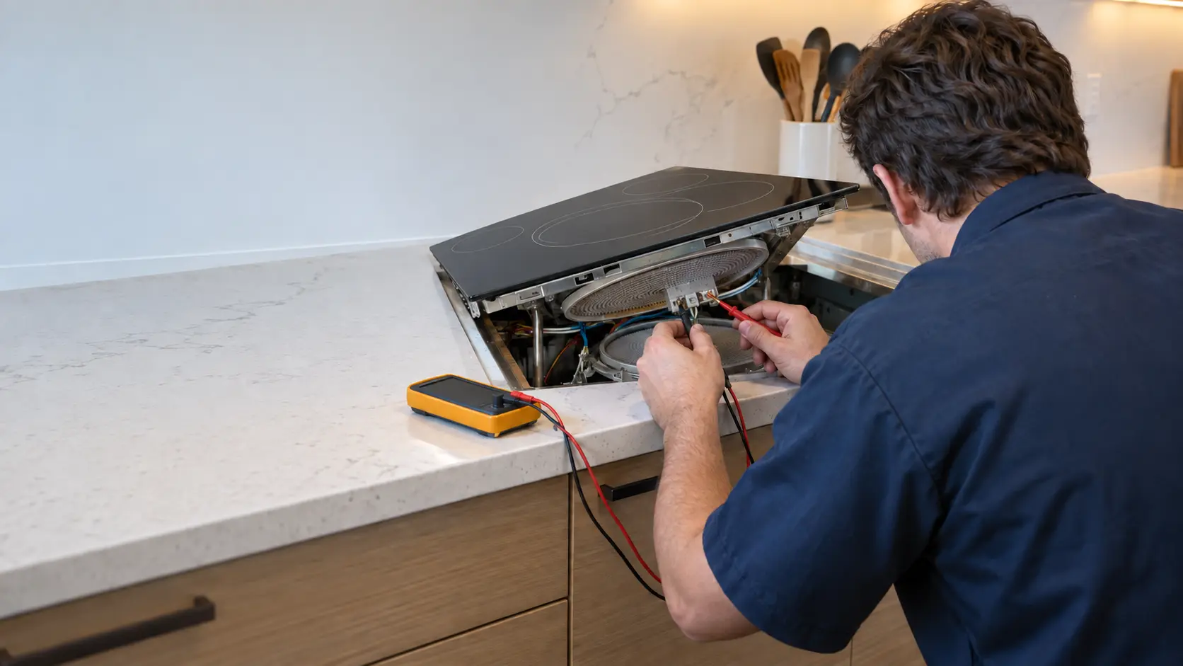 A repair technician in a plain navy work shirt bent over a cooktop lifted out of its cutout, holding multimeter probes to an element terminal, face turned away.