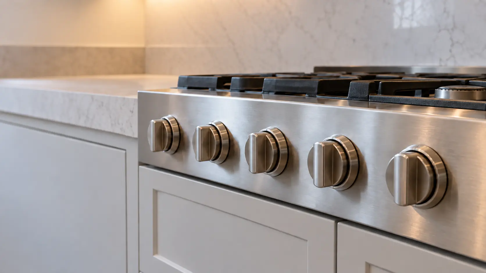 The front knobs of a stainless rangetop filling the frame, soft light.