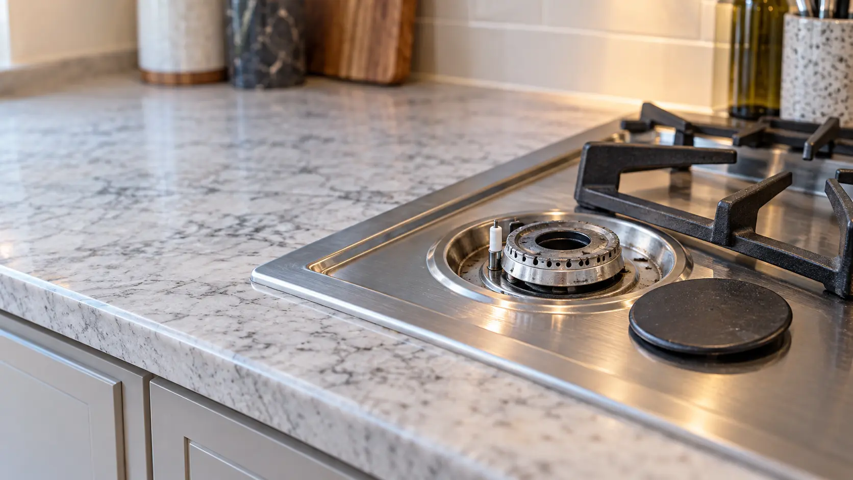 One burner of a gas cooktop with its grate and cap lifted off, the white porcelain spark electrode rising beside the ring of ports and the stone counter edge just in view.