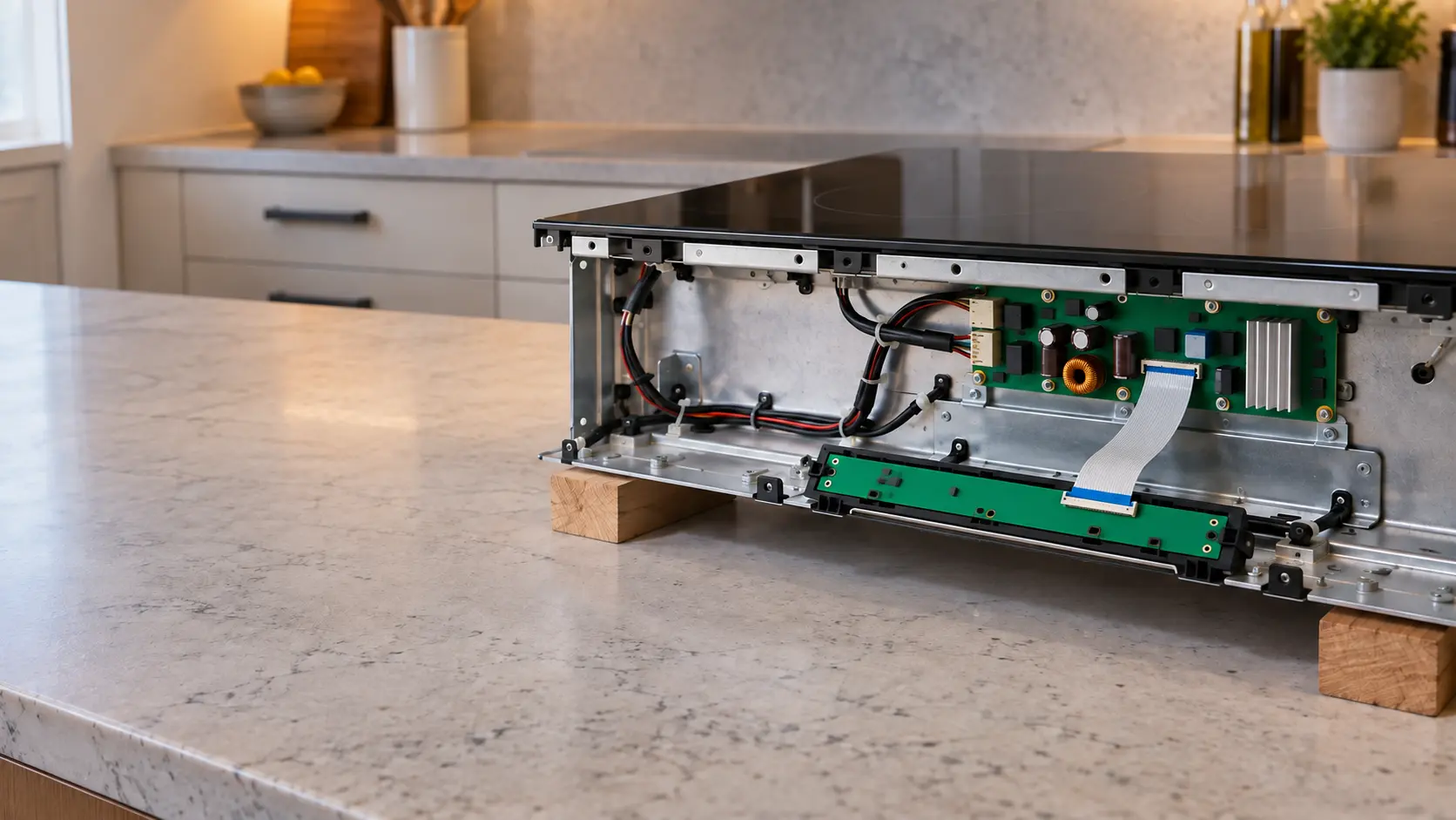 The underside of a glass cooktop propped on a workbench with its tray removed, a flat ribbon cable running from the touch board at the front edge to the larger board behind it.