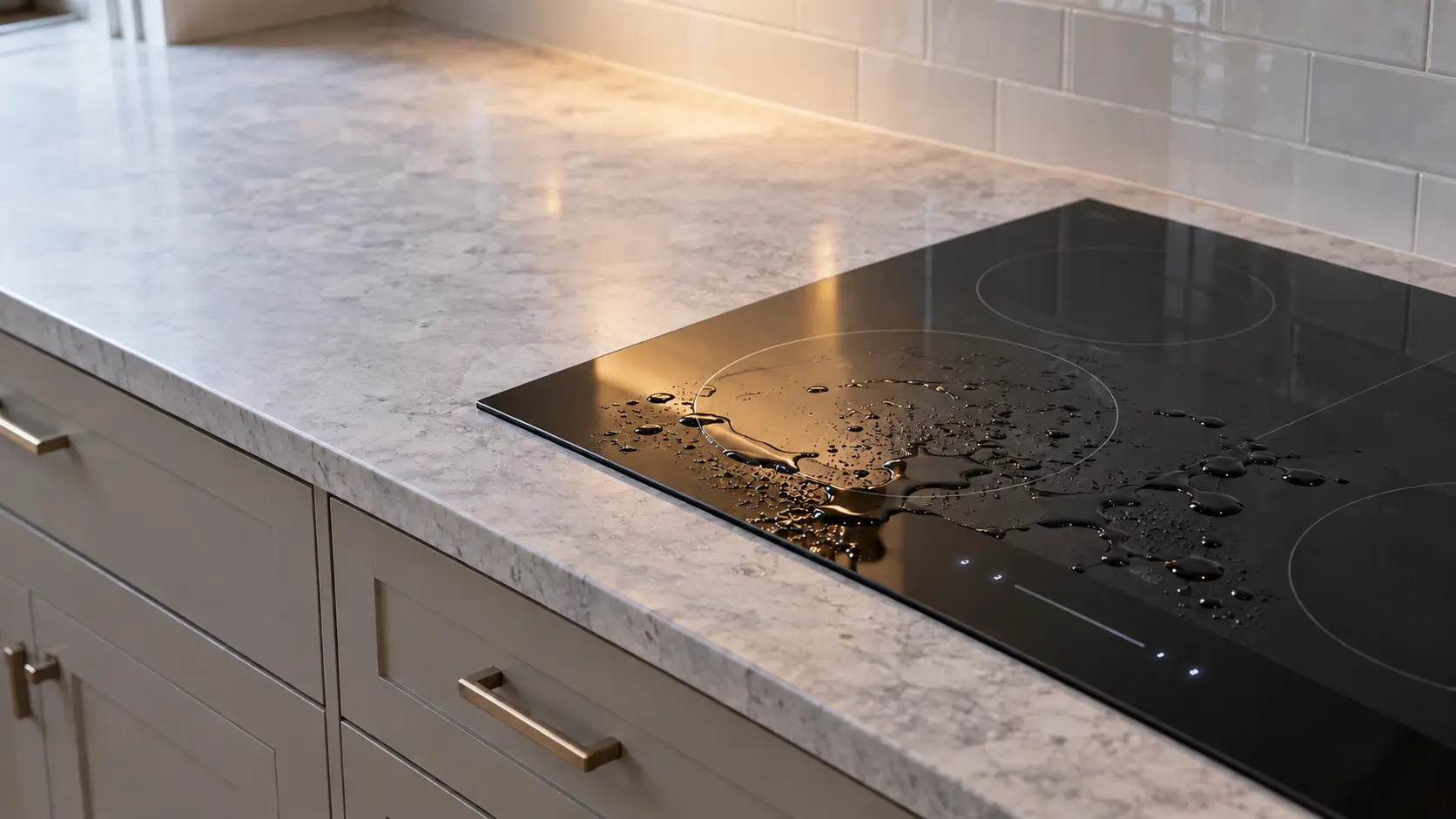 A hand wiping a puddle of spilled water off the touch-key strip of a black glass cooktop set into a counter, the slider keys glowing faintly beneath the drops.