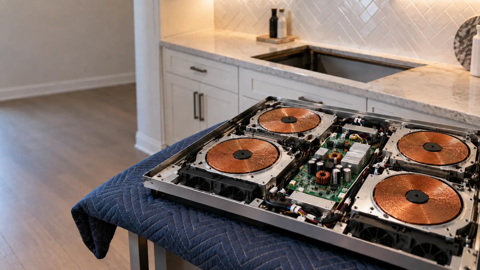 An induction cooktop lifted out of its counter cutout and turned over on a padded workbench, its bottom cover removed to show round copper coils and the power board beside them.