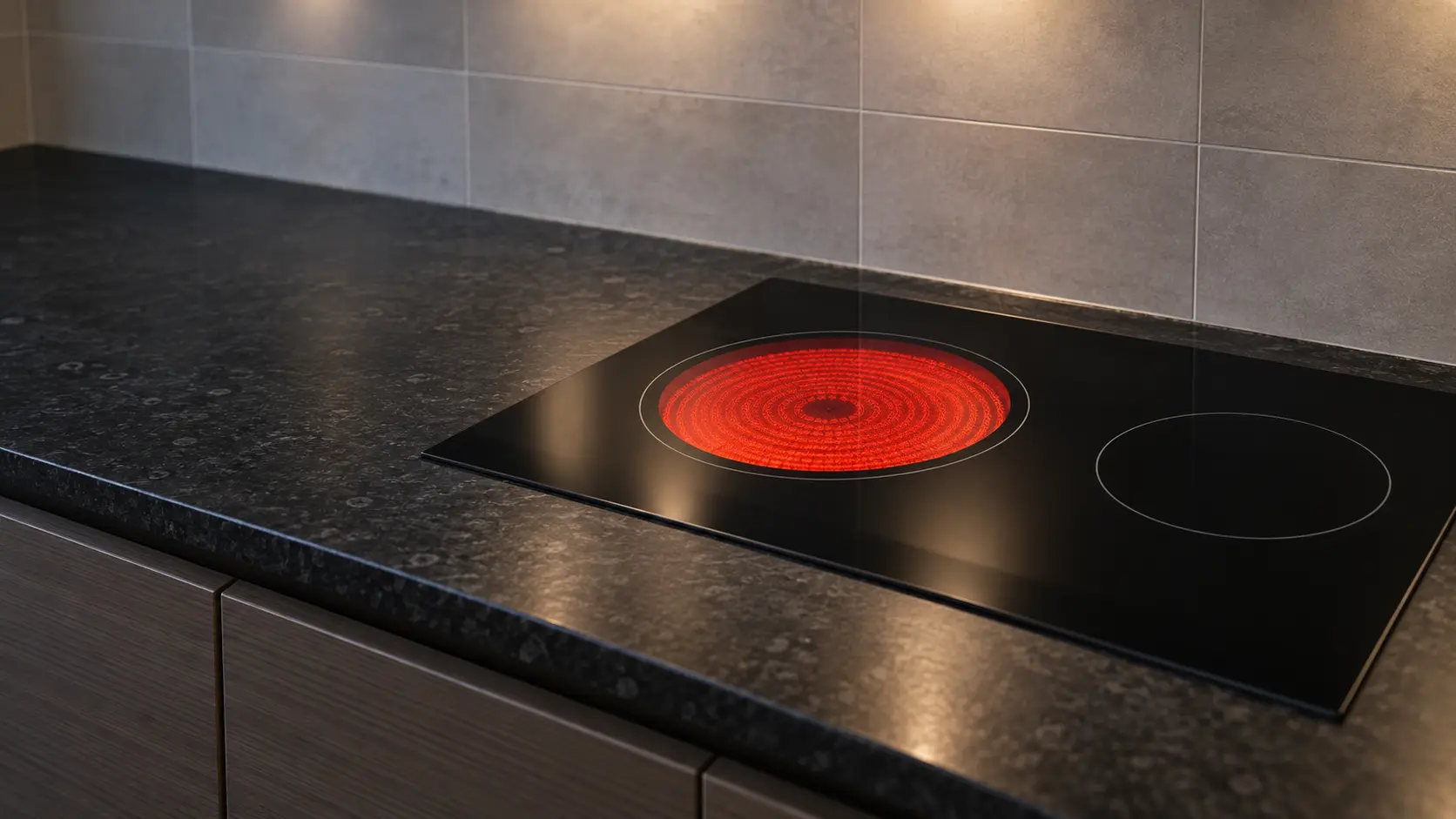 A smooth radiant cooktop built into a dark counter with one large zone glowing orange through the glass and the small zone beside it black and cold.