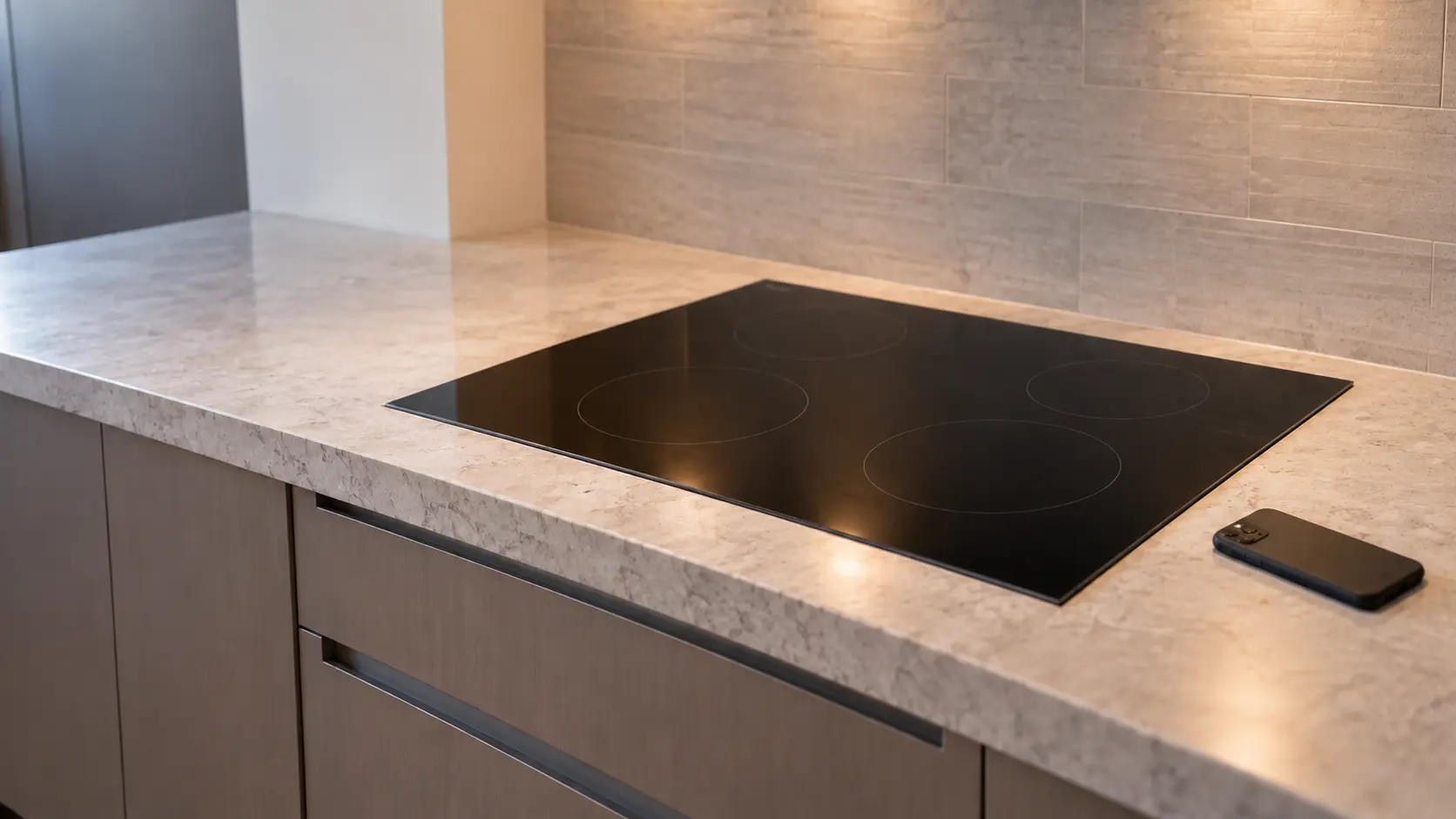 A kitchen counter with a phone lying face down beside a cooktop, soft daylight.
