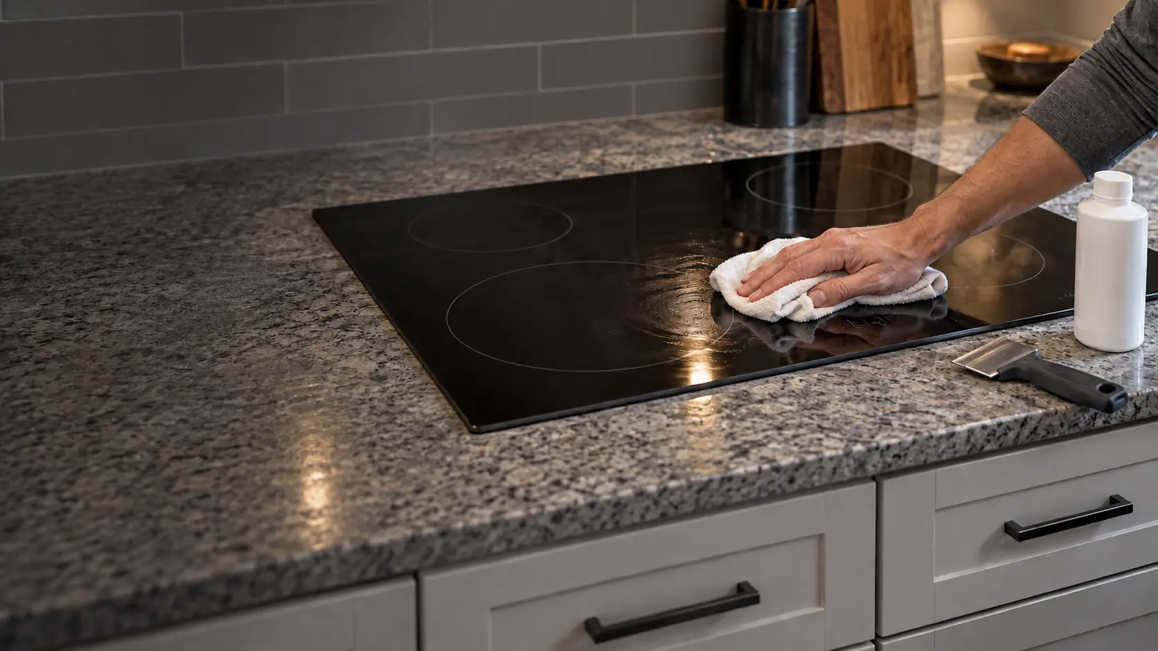 A hand in a cotton cloth buffing a black glass radiant cooktop set into a gray granite counter in a US home kitchen, a small bottle of cleaning cream and a razor scraper resting beside it, drawers closed below.