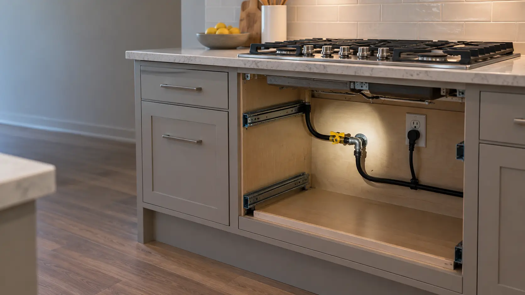 An open base cabinet beneath a gas cooktop in a US home kitchen, the drawers pulled out and emptied, a flashlight beam falling on a yellow-handled gas shutoff valve and a plugged-in power cord at the back wall.