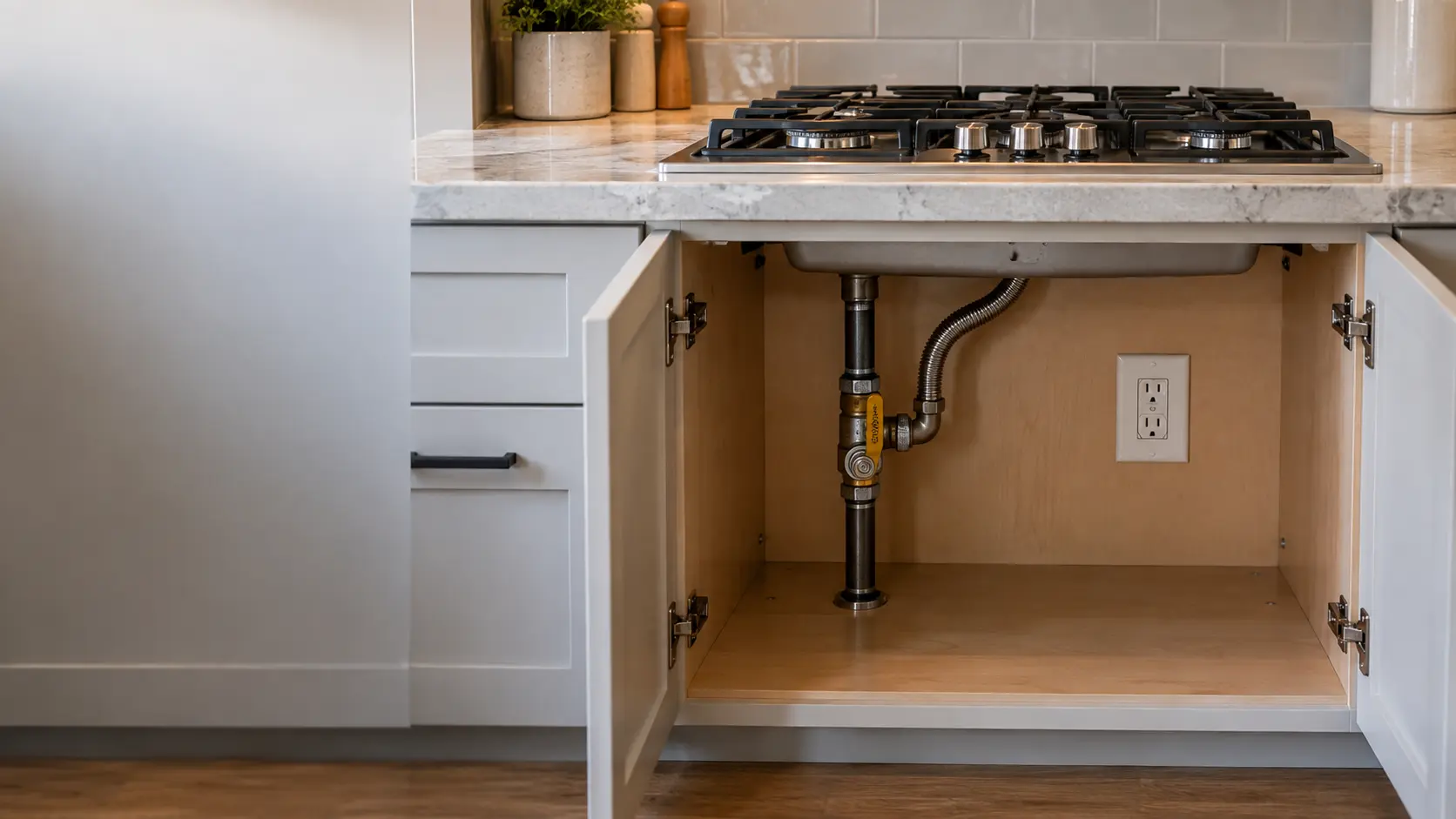 Close on an open cabinet under a cooktop, a gas shutoff valve with its handle along the pipe and an outlet on the back wall.