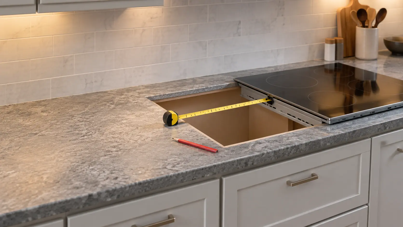 A freshly cut rectangular opening in a honed granite kitchen counter in a US home, a tape measure stretched across it and a pencil resting on the stone, the base cabinet doors below closed.
