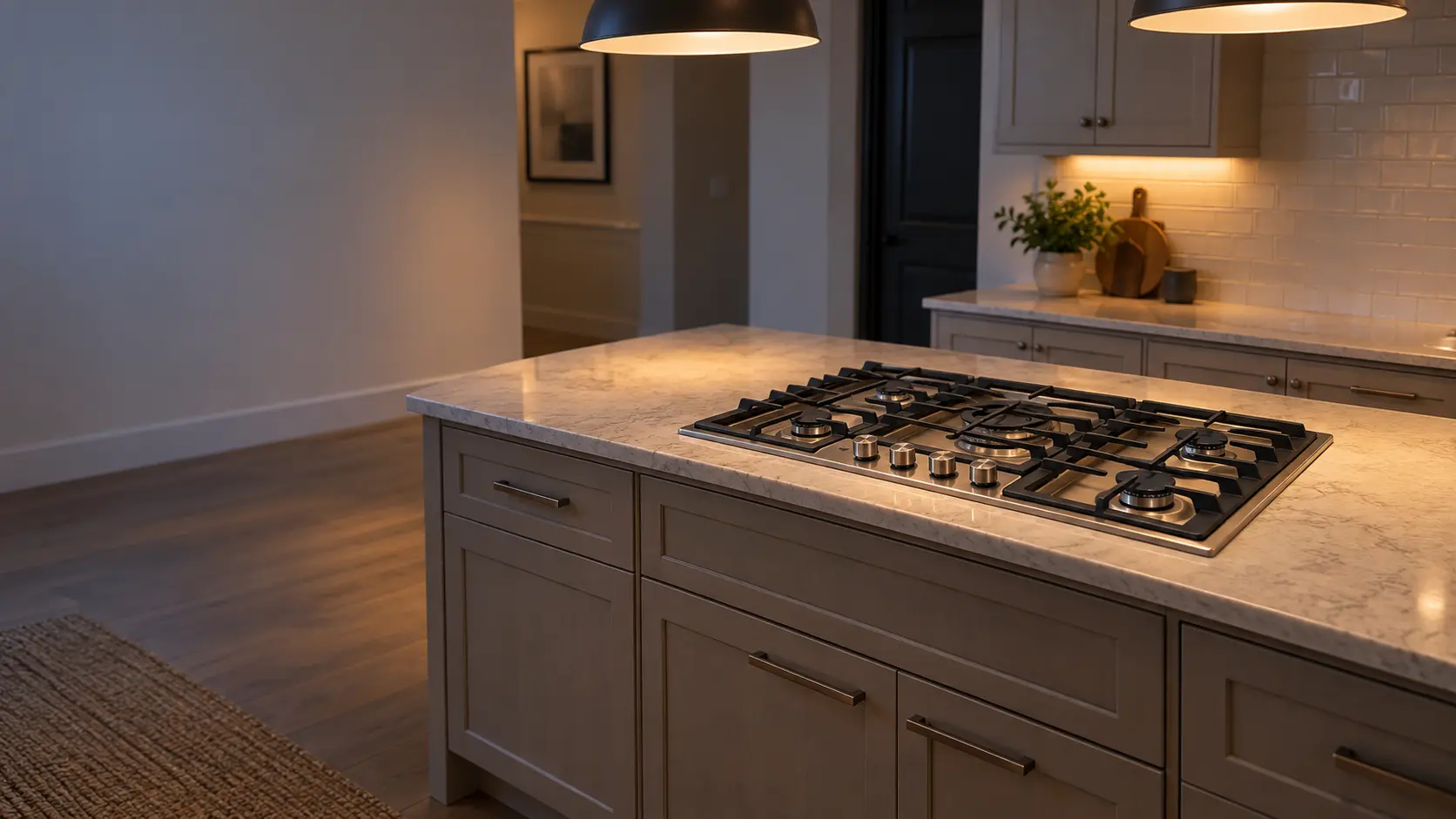 A built-in gas cooktop in a kitchen island of an empty US home kitchen at dusk, every knob at off and the grates bare, the cabinet doors beneath it shut.