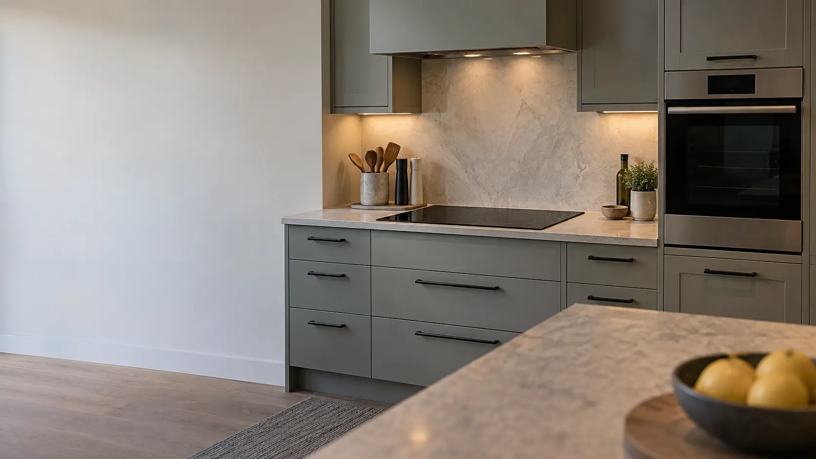 A glass cooktop set into a counter above a run of deep drawers, a separate built-in oven in a tall cabinet at the side.