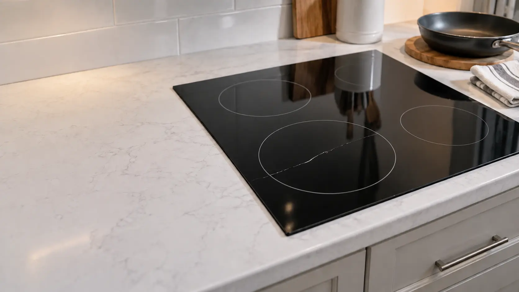 A black glass radiant cooktop set into a white quartz counter in a US home kitchen, a thin crack running across one cold, dark zone, the pan moved aside onto a wooden trivet and a folded towel left untouched beside it.