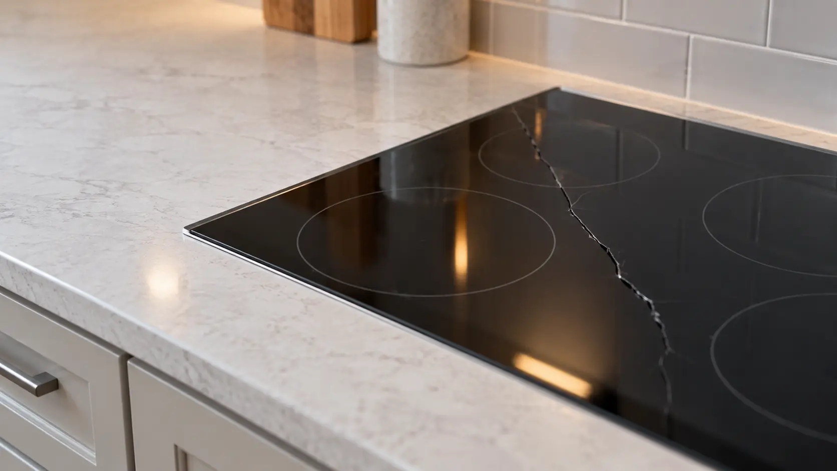 Close on a crack running across a switched-off black glass cooktop, nothing on it and no hand near it.