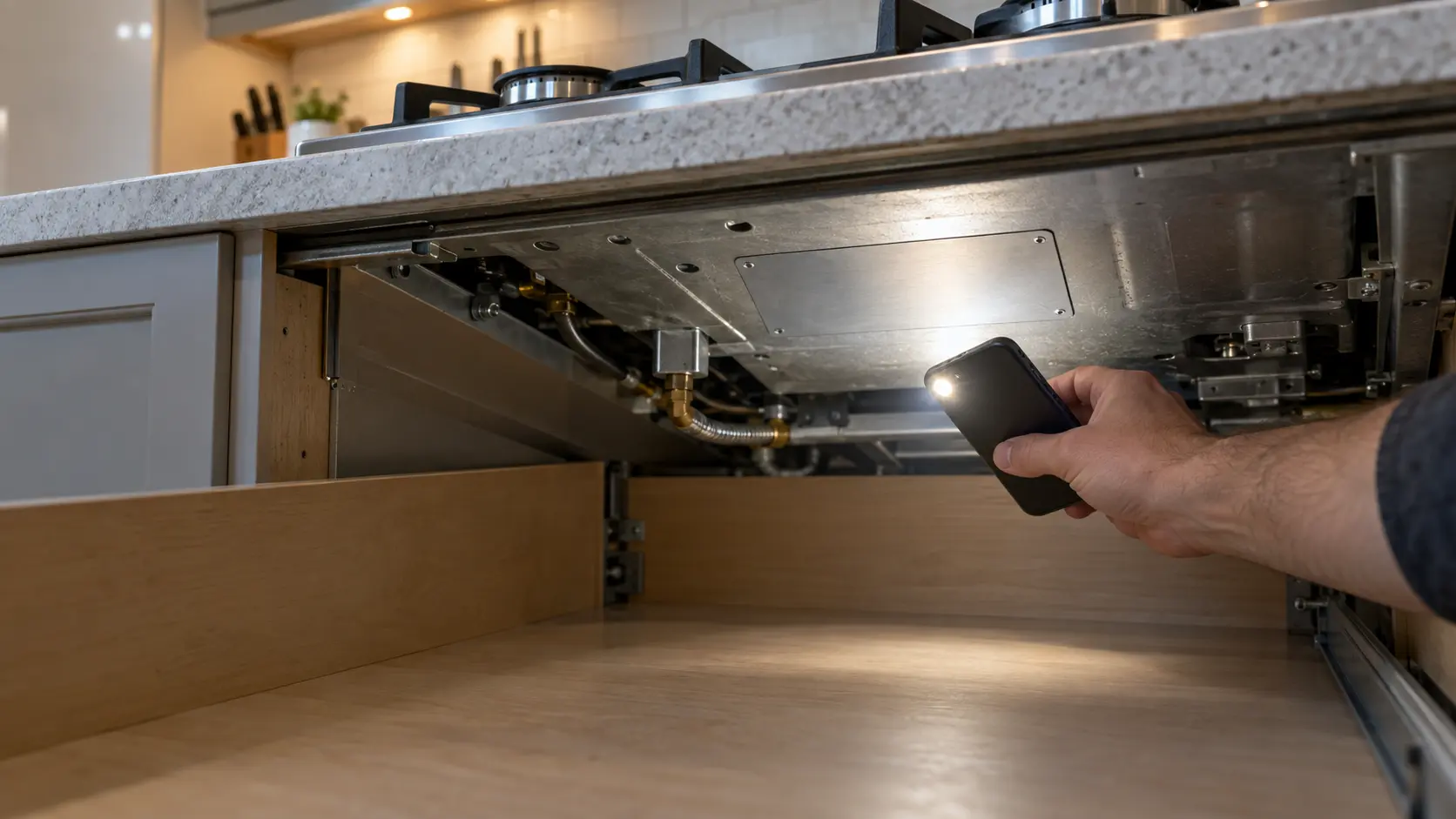 A view up from an open, emptied drawer base beneath a gas cooktop in a US home kitchen, a phone held flat with its flashlight lit toward a blank silver data plate with no characters on the metal underside of the cooktop.