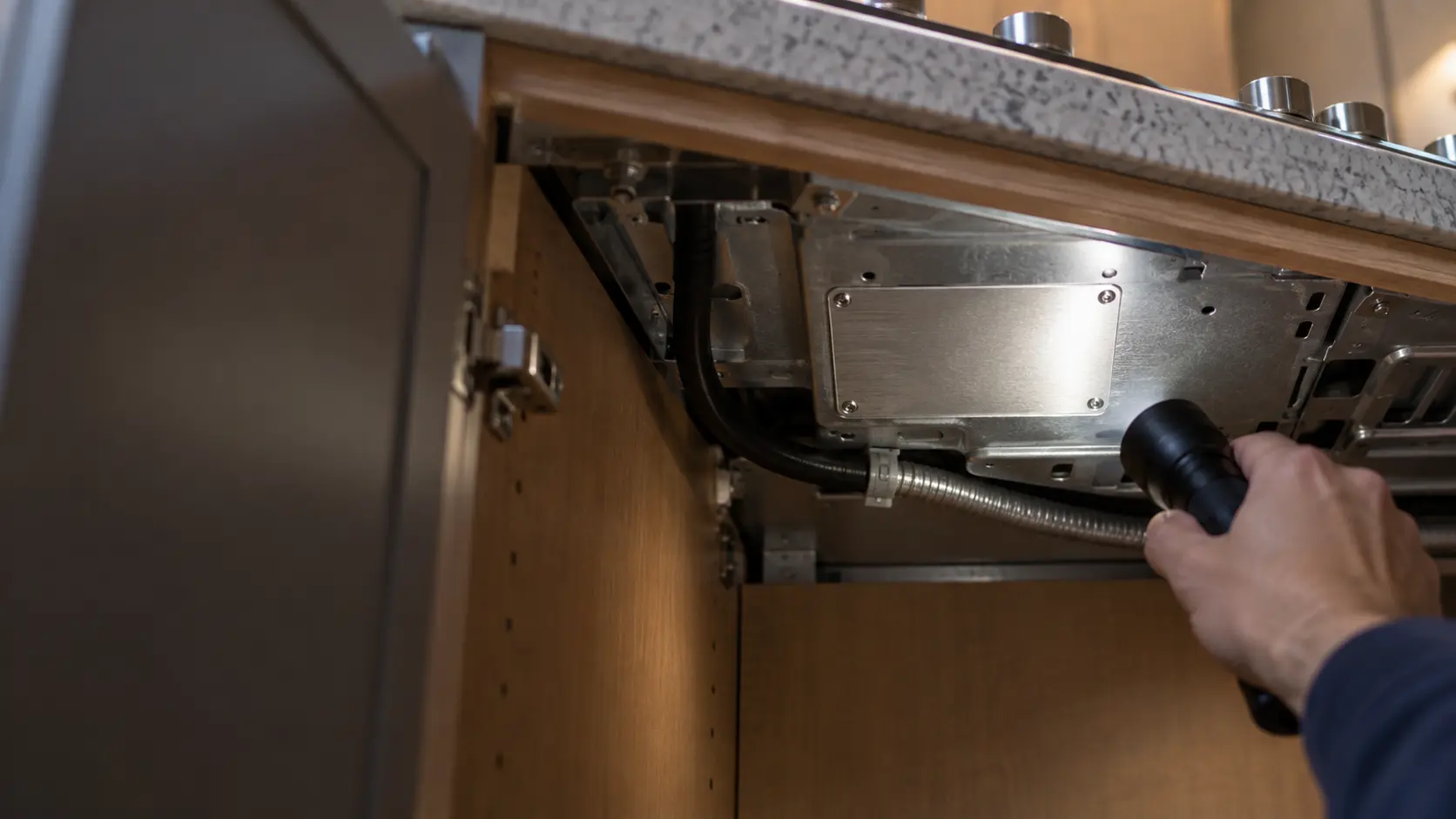 Close on a blank metal data plate on the underside of a cooktop, seen from inside the cabinet below with a flashlight.