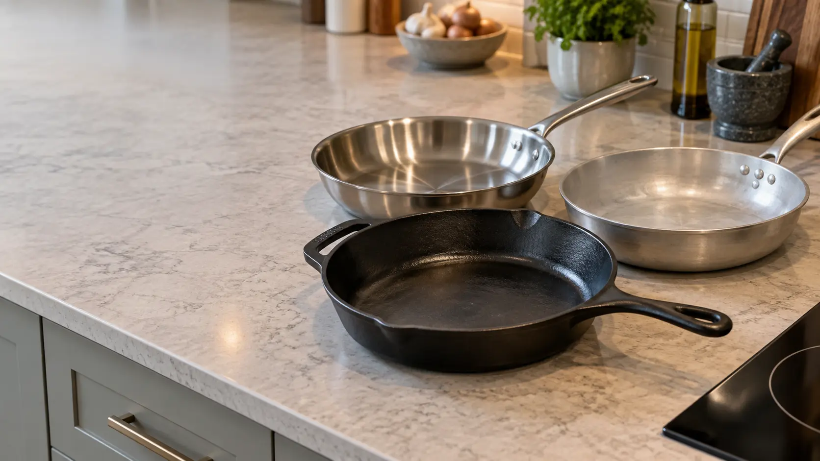 Close on three pans on a counter: cast iron, stainless and aluminum, a black glass cooktop edge in the corner of the frame.