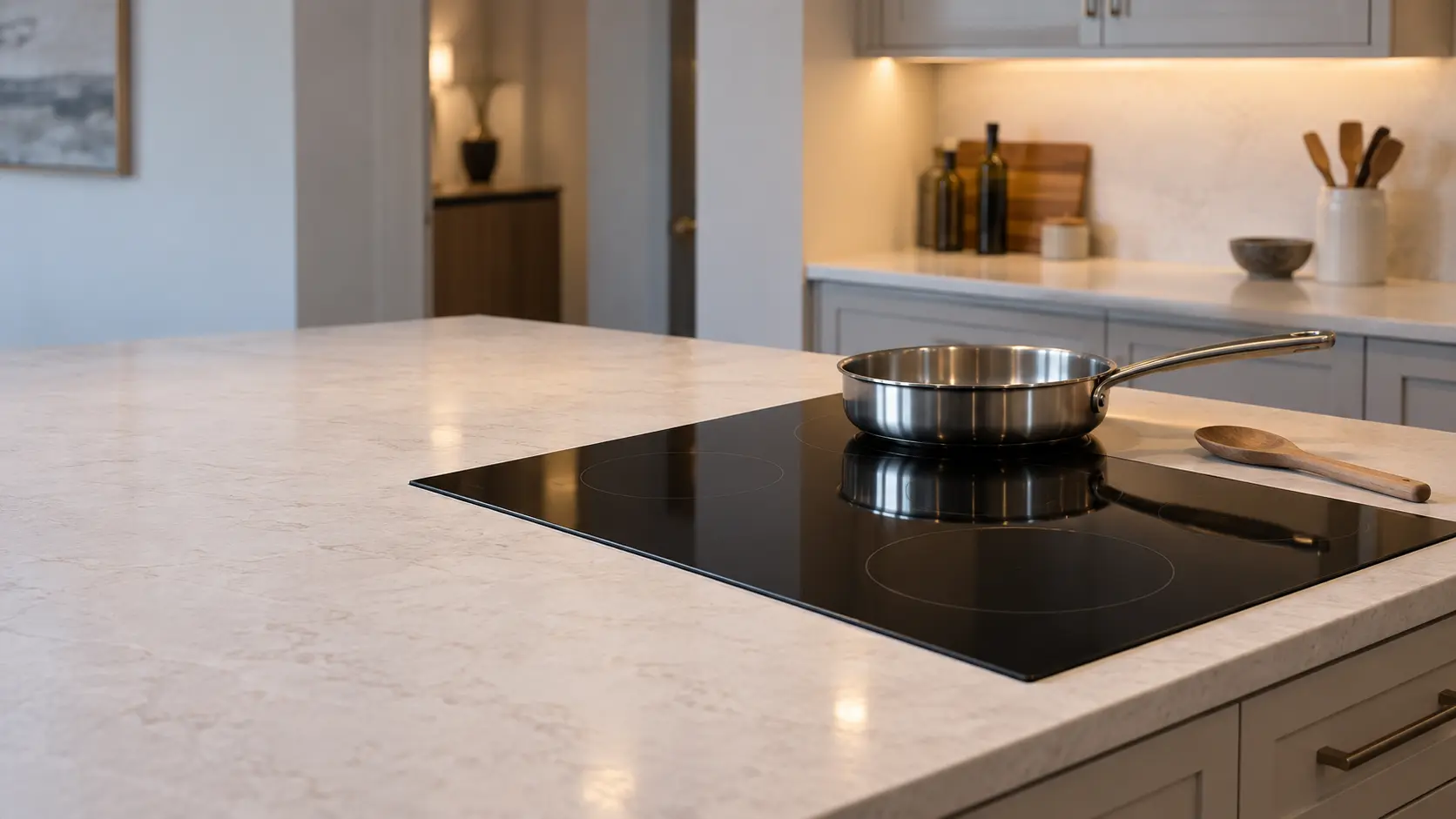 A black induction cooktop set flush into a pale stone kitchen island in a US home, a single stainless pan centered on a rear zone and a long-handled wooden spoon resting beside it, the front zones empty and dark.
