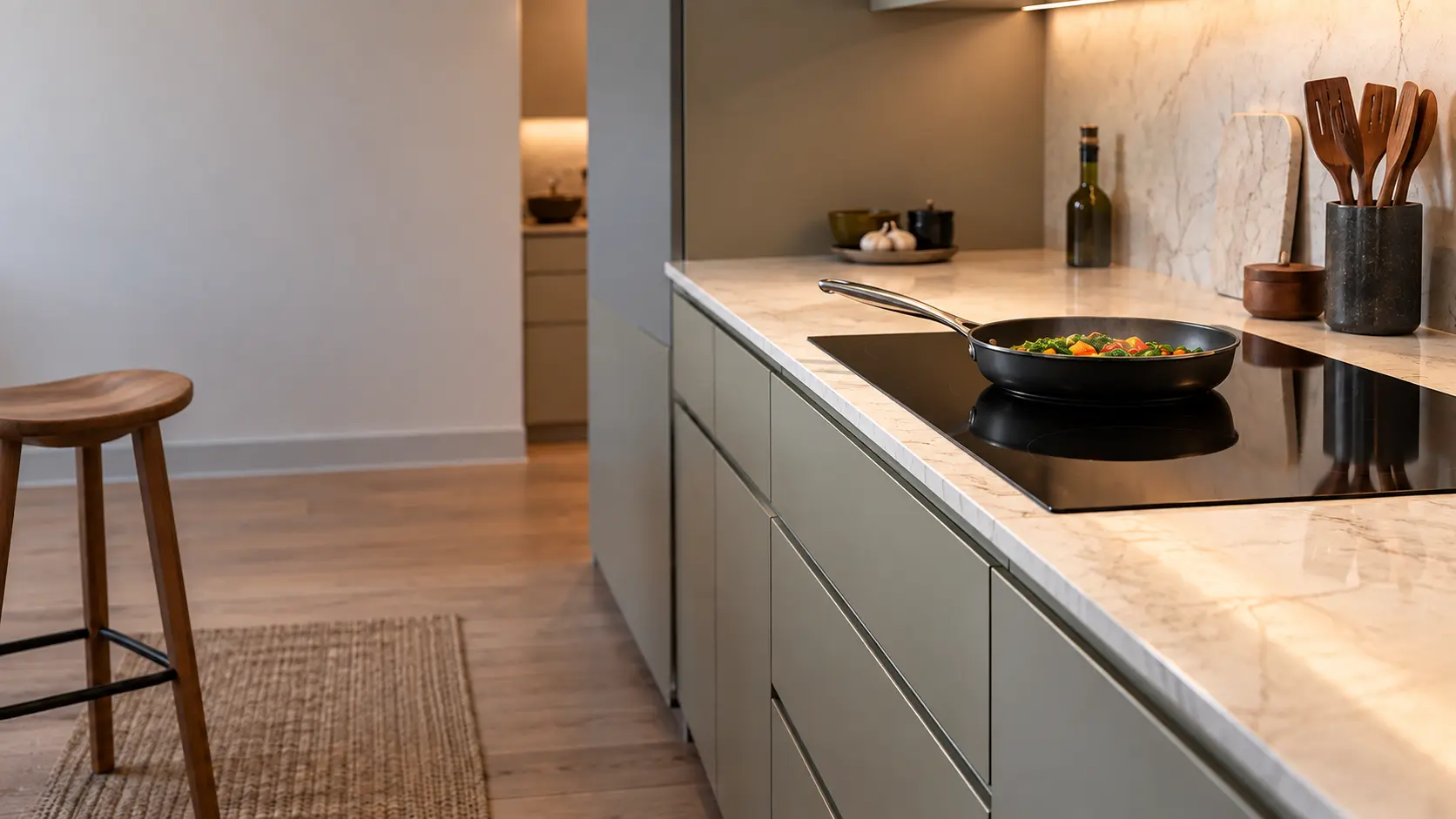 A black induction cooktop in a calm kitchen with a pan on one zone, a kitchen stool set back an arm's length from it.
