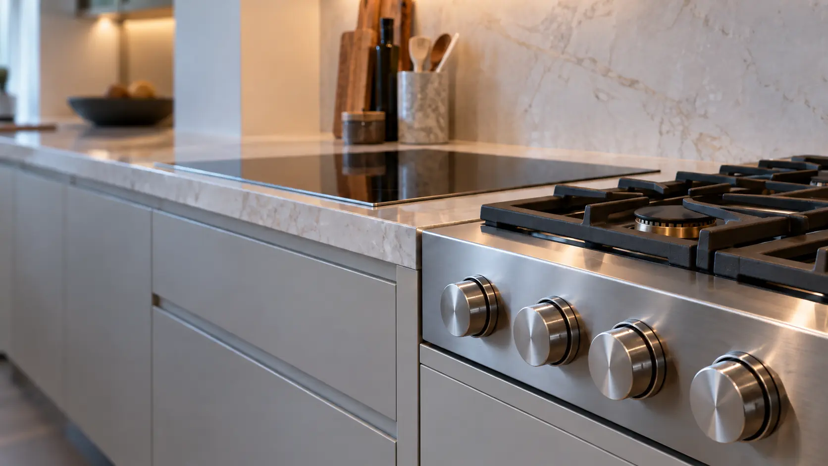 Close on the chunky front knobs of a pro rangetop beside the flush edge of a glass cooktop in the next counter run.