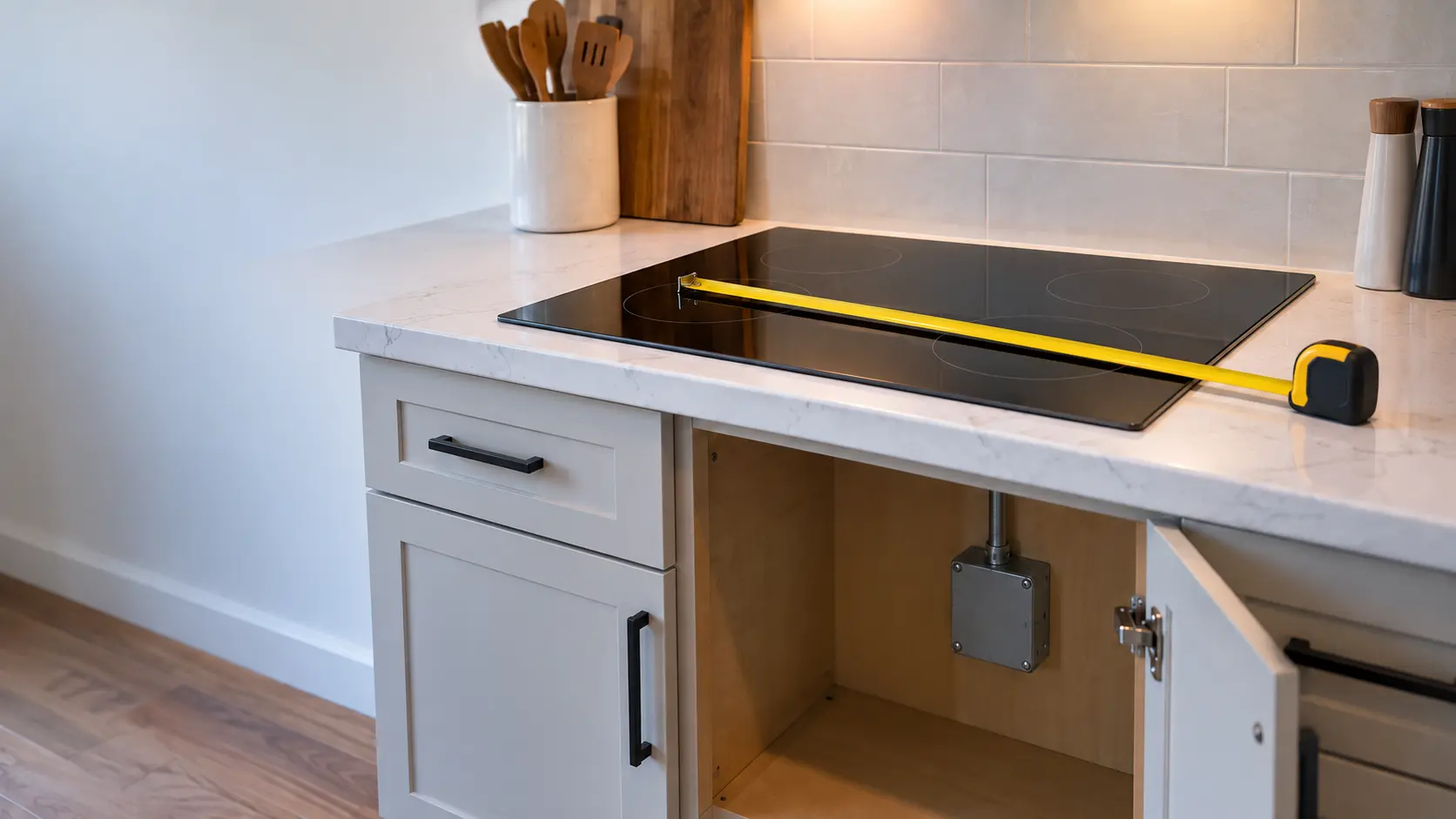 A black glass induction cooktop set into a white quartz counter in a US home kitchen, the cabinet door below open to show a gray junction box on the back wall, with a tape measure lying across the glass.