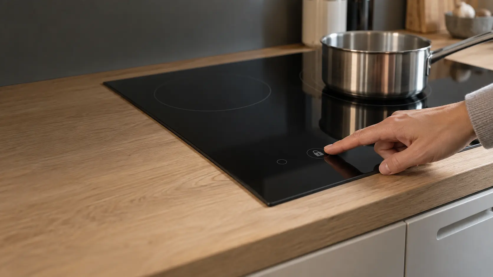 A fingertip pressing a small padlock-marked touch pad on the black glass of an induction cooktop set into a light oak counter in a US home kitchen, a dry stainless saucepan resting on a dark zone nearby.