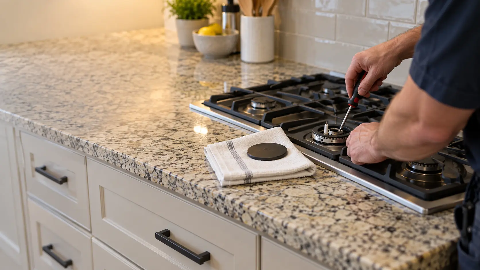 A gas cooktop set into a speckled granite counter in a US home kitchen, a single burner cap set aside on a folded towel beside its bare slotted head and white ceramic igniter, drawers closed below.