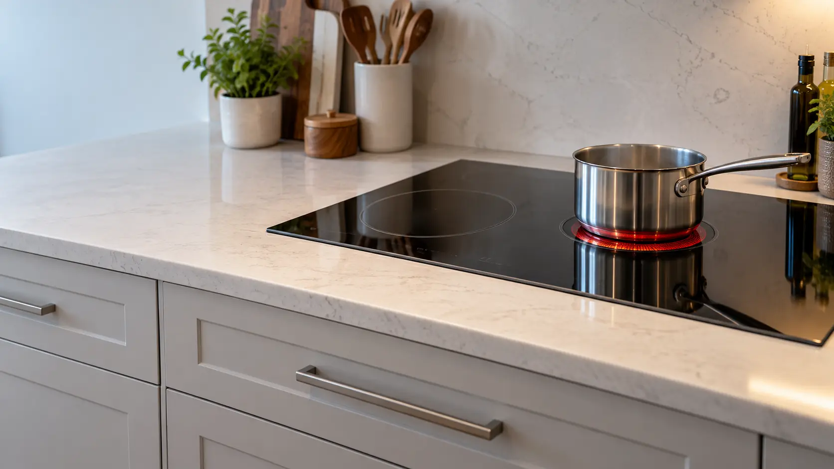 A black radiant glass cooktop set into a pale quartz counter in a US home kitchen, one zone glowing orange-red beneath a stainless saucepan and the zone beside it dark, drawers closed below.