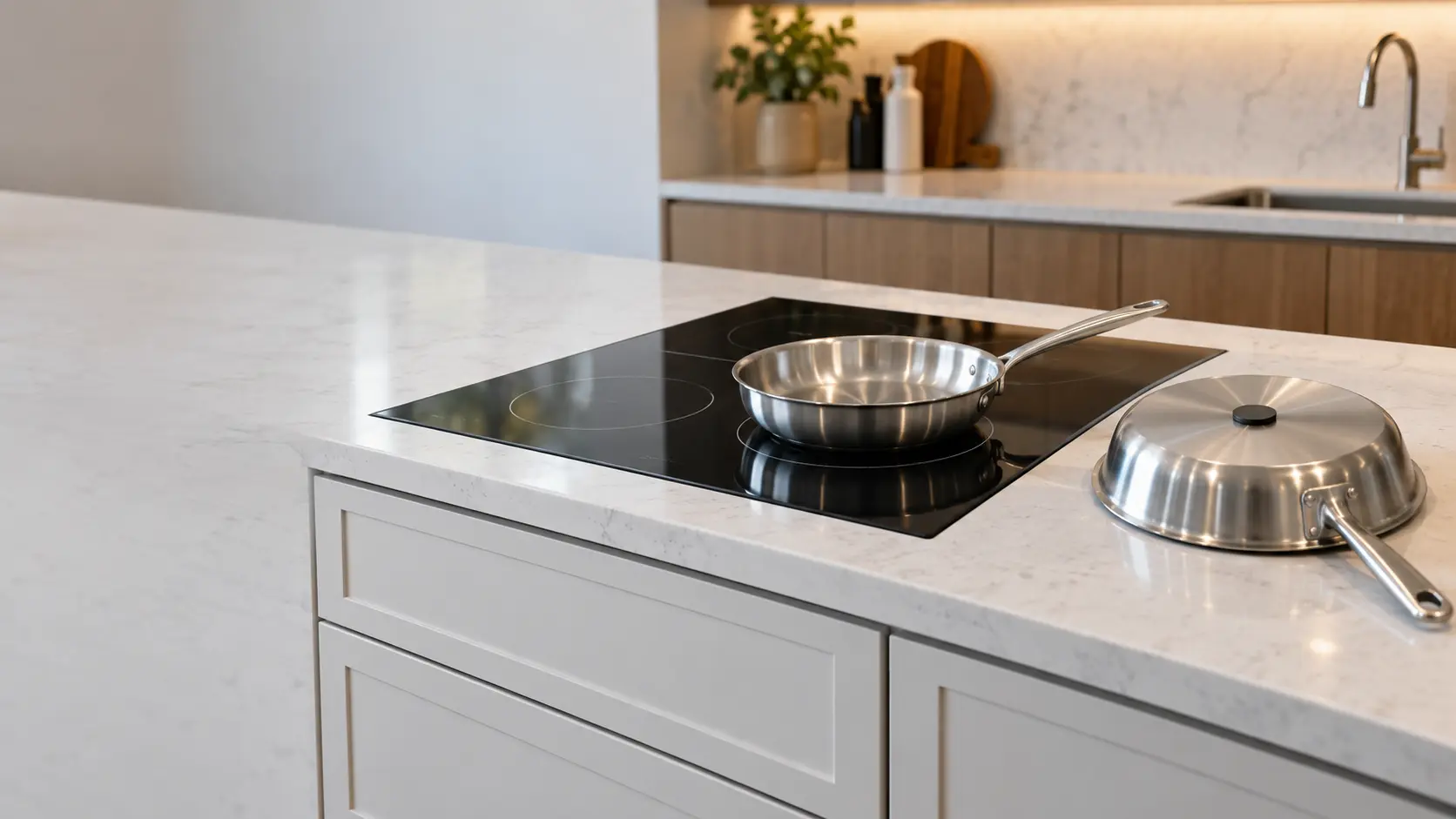 A black induction cooktop set flush into a white quartz kitchen island in a US home, a stainless skillet centered on one printed ring and a small magnet stuck to the base of a second pan lying upside down beside it, drawers closed below.
