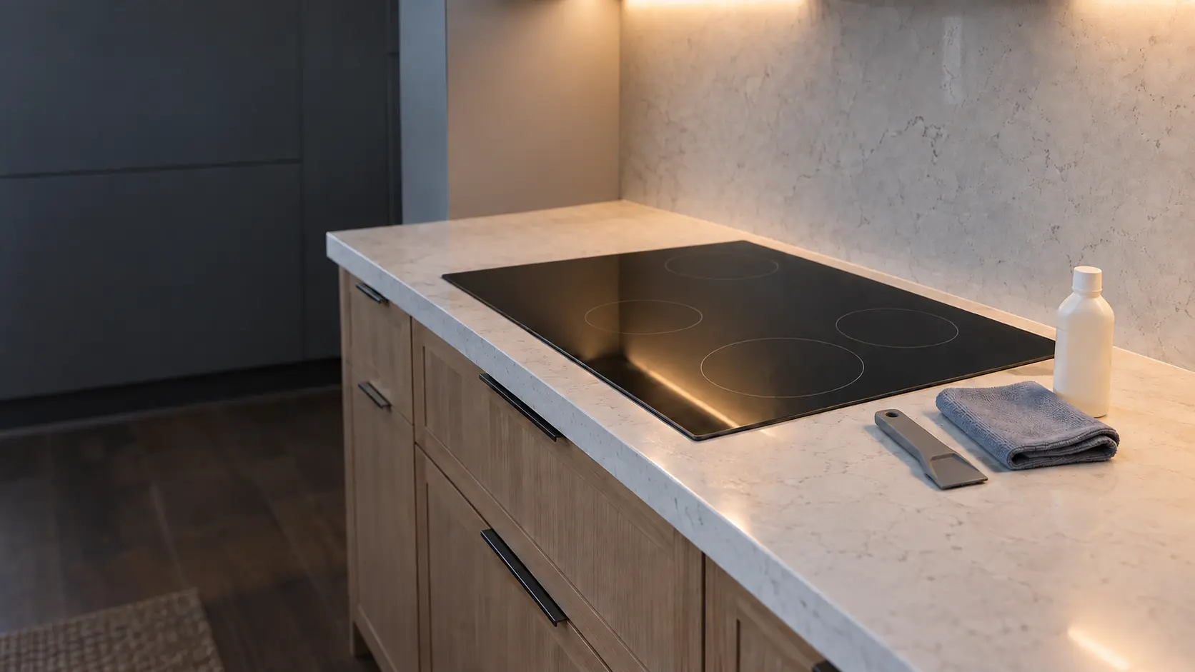 A black glass cooktop with a razor scraper, a soft cloth and a small bottle of plain cream cleaner laid beside it on the counter.
