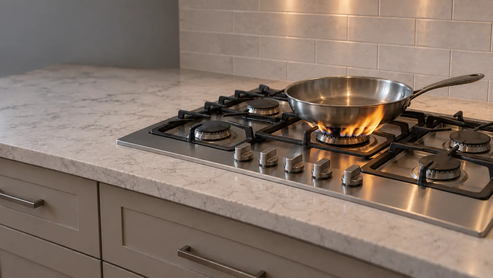 A gas cooktop burner with a lazy, ragged flame, its tips clearly yellow and orange and lifting unevenly on one side, under an empty pan.