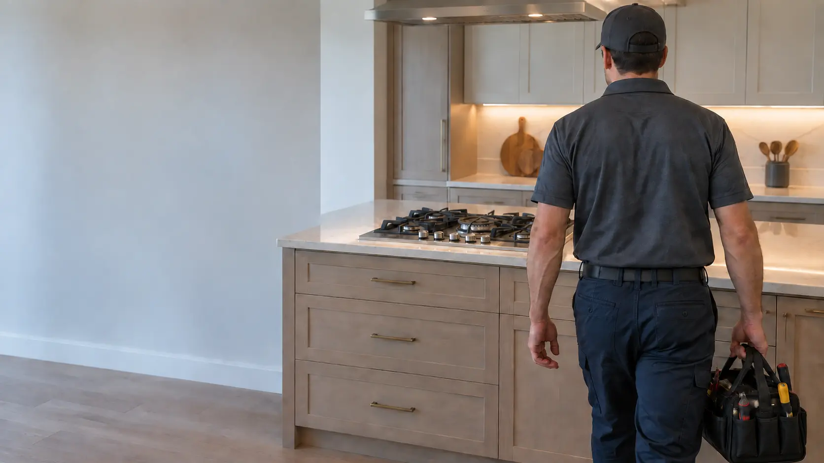 A technician arriving in a kitchen with a tool bag, an island with a clean cooktop ahead, seen from behind.