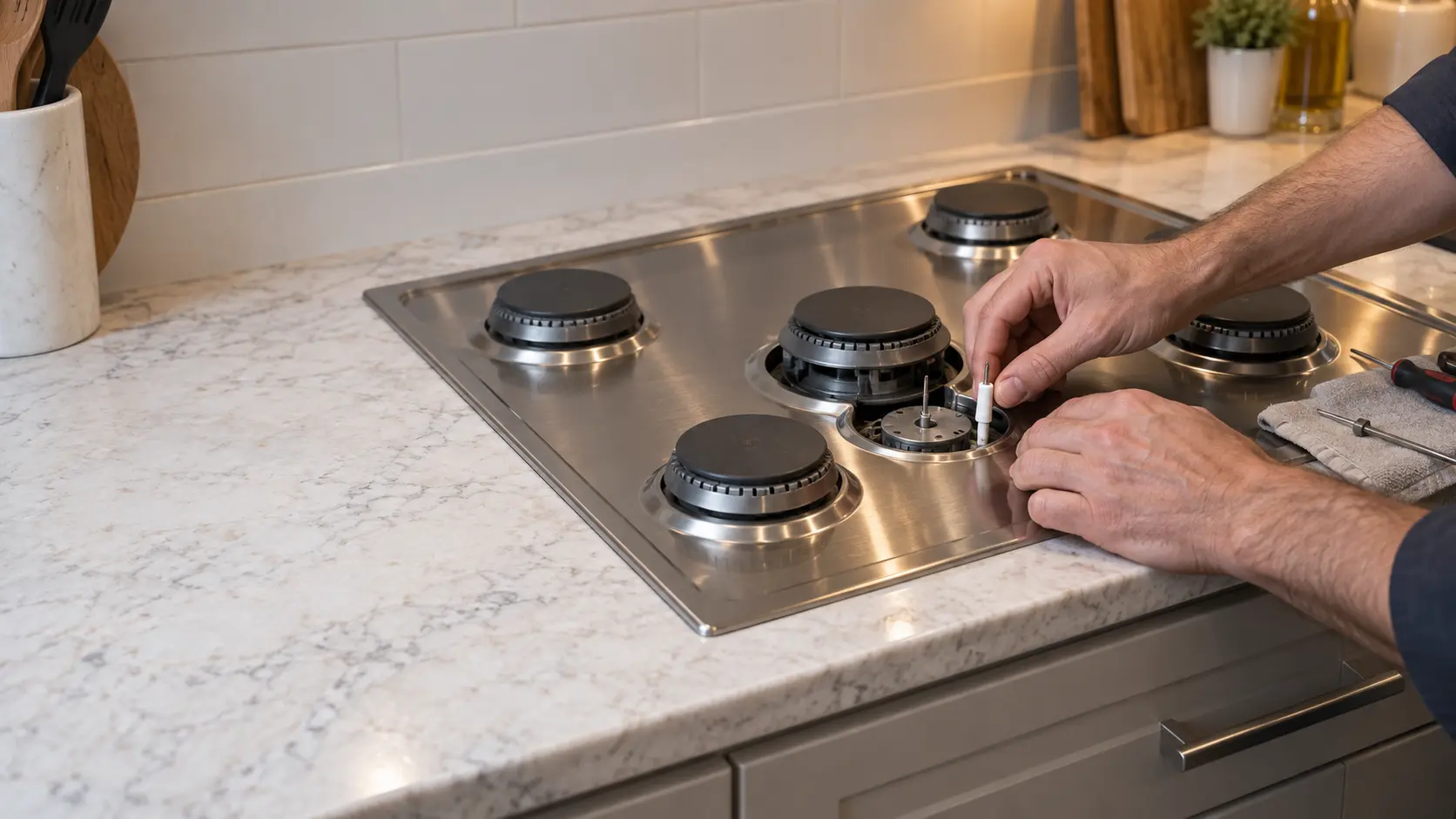 A technician's hands fitting a new spark electrode beside a burner base on a gas cooktop.
