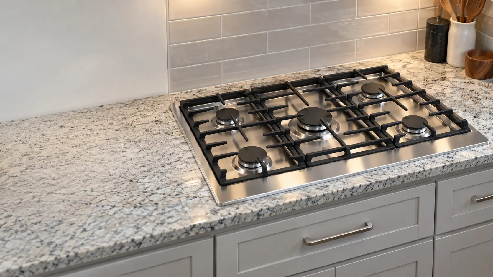 A kitchen showing a gas cooktop with continuous cast-iron grates set into a granite counter, clean and off.