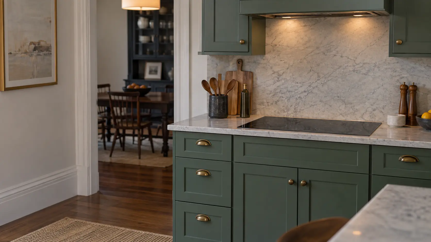 A built-in cooktop in a Bay Area Victorian flat kitchen with a glass radiant cooktop in a green-painted run of cabinets, seen from across the room.
