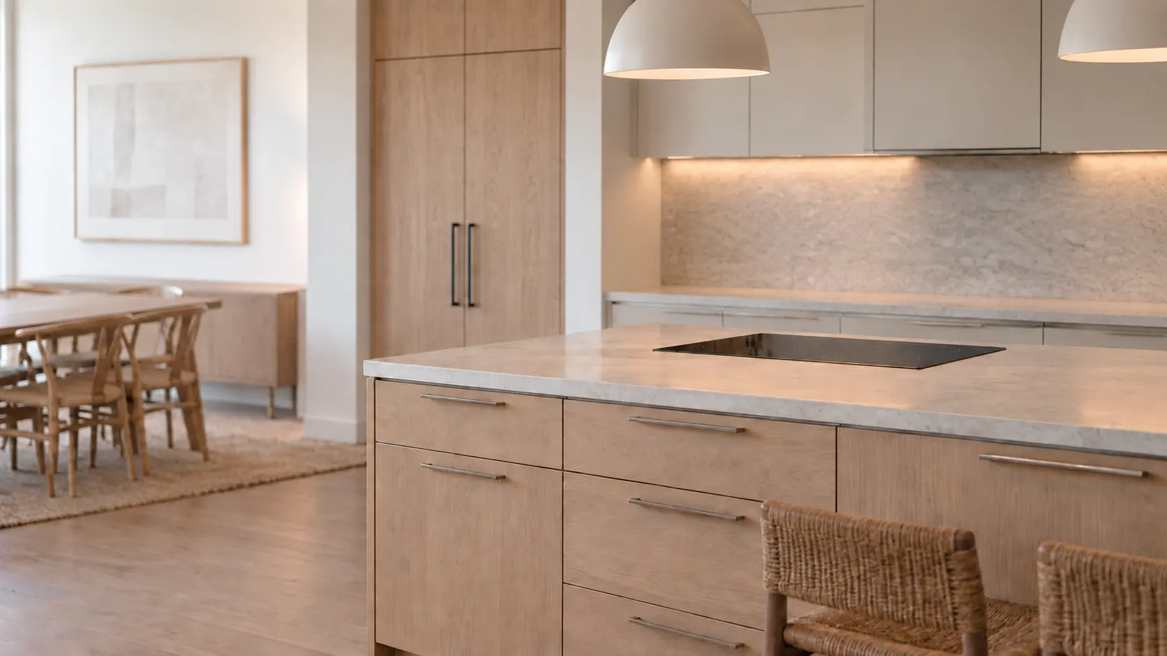 A built-in cooktop in a coastal San Diego kitchen with an induction cooktop in a pale oak island, seen from across the room.